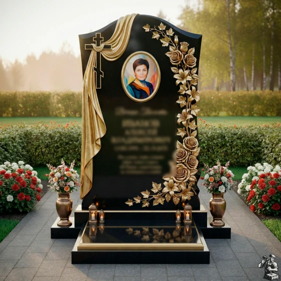 Элитная православная стела с драпировкой, гранит Габбро-диабаз