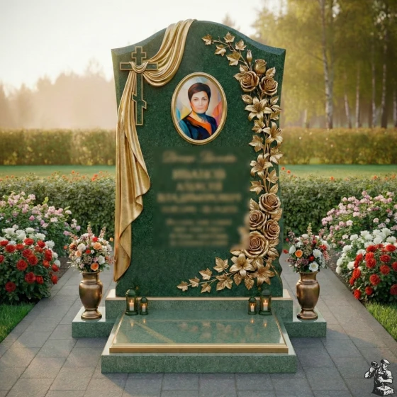 Элитная православная стела с драпировкой, гранит Балтик грин