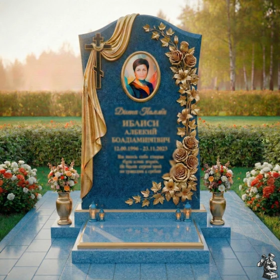 Элитная православная стела с драпировкой, гранит Блю Перл