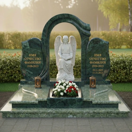Мемориал с мраморным ангелом и аркой из гранита, гранит Балтик грин, в Якутске