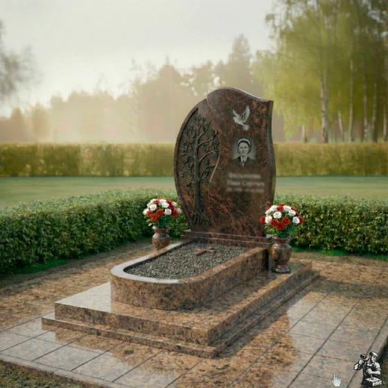 Гранитный мемориал с деревом и голубем, гранит Дымовский, в Якутске