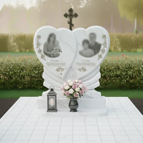 Православный гранитный памятник на двоих в Тольятти, мрамор Тассос