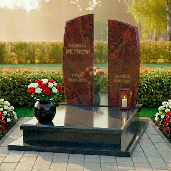 Памятник-арка с католическим крестом и надписью Familia, гранит Лезниковский