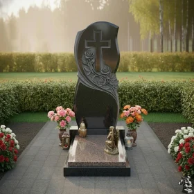 Гранитный православный памятник с крестом в комплексе - ПН277