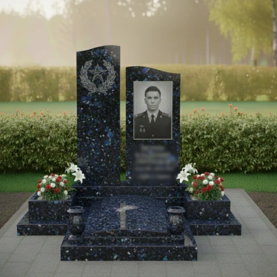 Гранитный мемориал из двух стел со звездой и венком, гранит Блю Перл, в Якутске