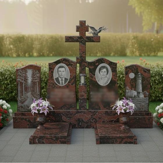 Вертикальный Гранитный православный двойной памятник в Барнауле, гранит Лезниковский