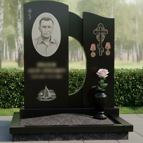 Элитный гранитный вертикальный памятник с крестом в Новосибирске, гранит амфиболит