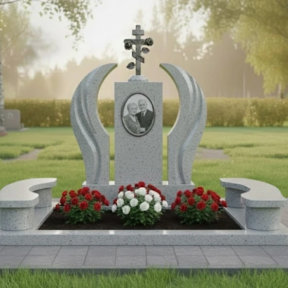 Памятник с православным крестом и розами, гранит Мансуровский, в Якутске
