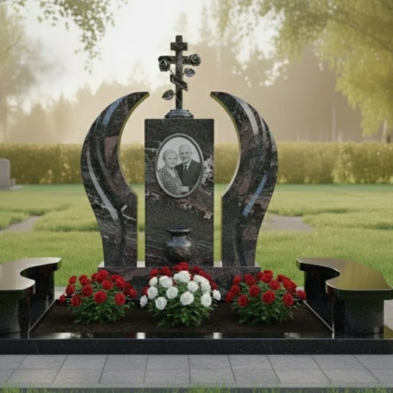 Памятник с православным крестом и розами, гранит амфиболит, в Якутске