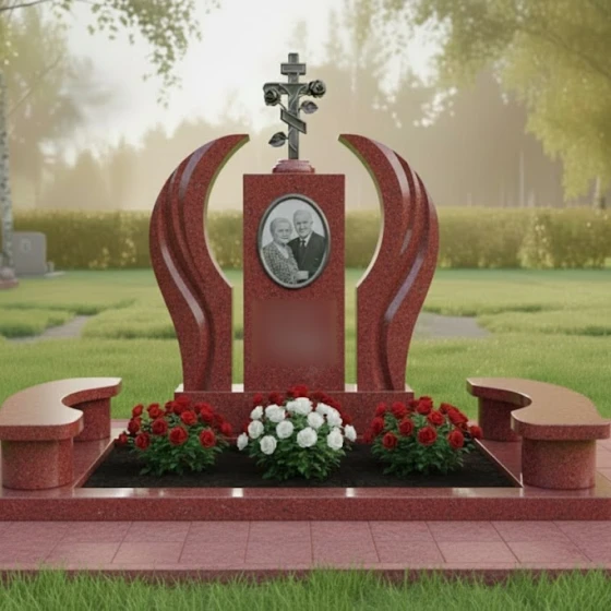 Памятник с православным крестом и розами, гранит Лезниковский, в Якутске