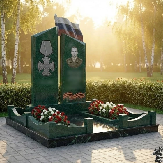 Гранитный монумент с флагом, медалью и лентами, гранит Балтик грин