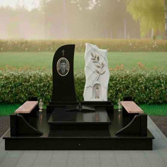 Двойной православный памятник с оливковой ветвью, гранит Габбро-диабаз, в Якутске