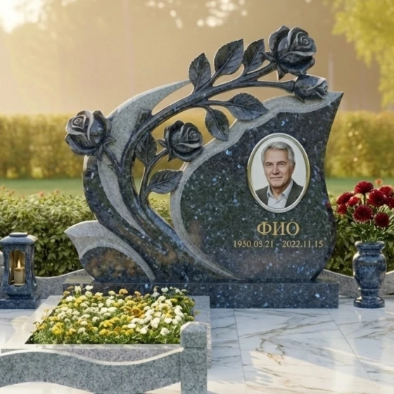Элитный гранитный вертикальный монумент в Ставрополе, гранит Блю Перл