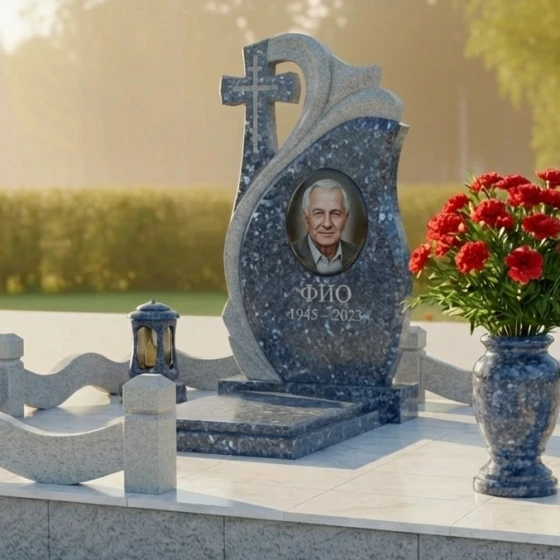 Элитный православный памятник с крестом в Барнауле, гранит Блю Перл