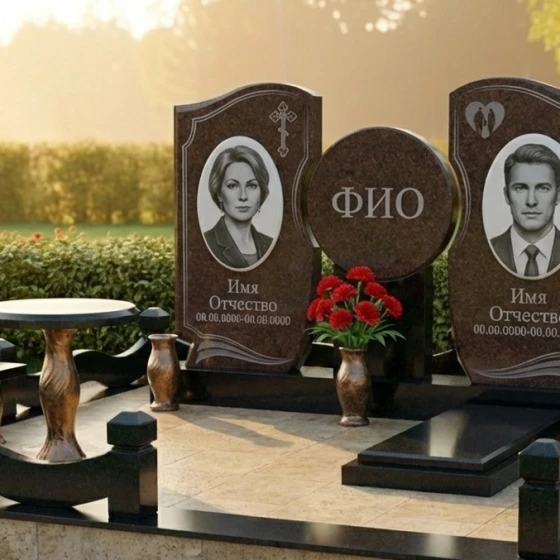 Двойной гранитный памятник с волнообразными гранями, гранит Дымовский, в Якутске