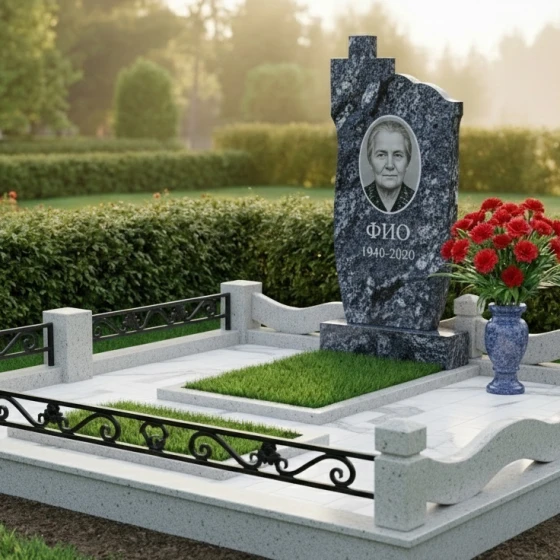 Православный гранитный памятник с крестом в Мурманске, гранит Блю Перл