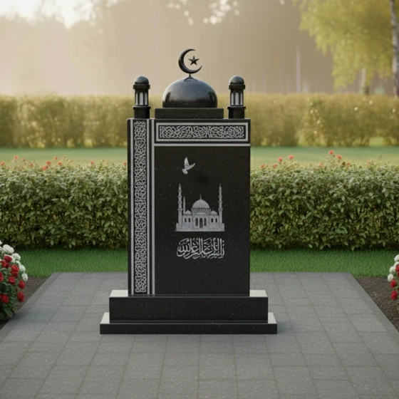 Гранитный мусульманский вертикальный памятник в Ульяновске, гранит Габбро-диабаз