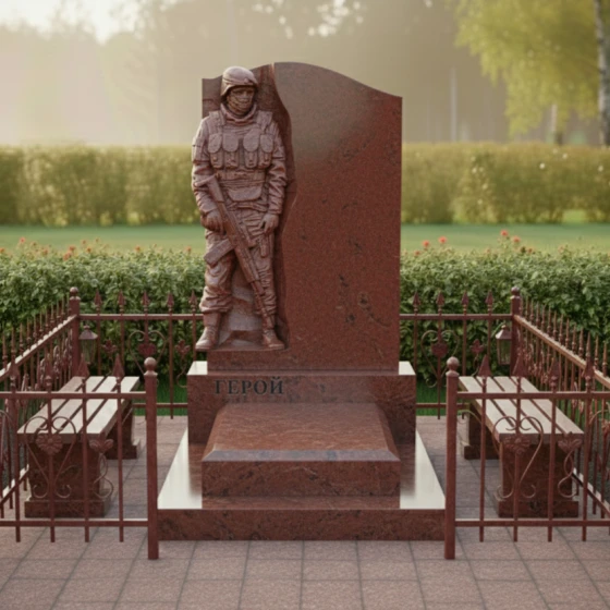 Памятник с барельефом воина и волной из гранита, гранит Лезниковский, в Якутске