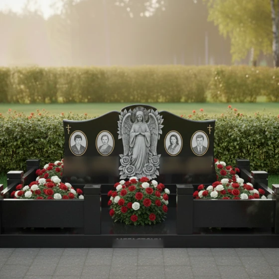Горизонтальный гранитный памятник на четверых в Рязани, гранит Габбро-диабаз