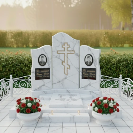 Гранитный памятник с рельефным золотым крестом, мрамор Тассос