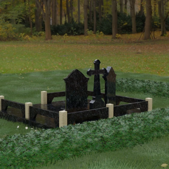 Семейный памятник с арками и православным крестом, гранит Блю Перл, вид 3