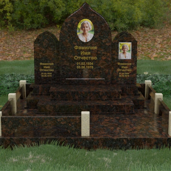 Горизонтальный комбинированный памятник на троих в Тольятти, гранит Дымовский