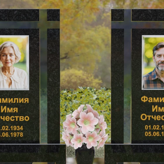 Вертикальный гранитный памятник с крестом и сферами, гранит Габбро-диабаз, в Якутске