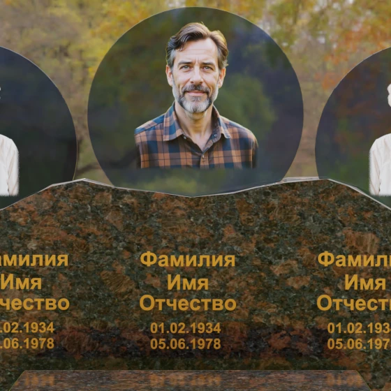 Горизонтальный гранитный памятник на троих в Воронеже, гранит Дымовский