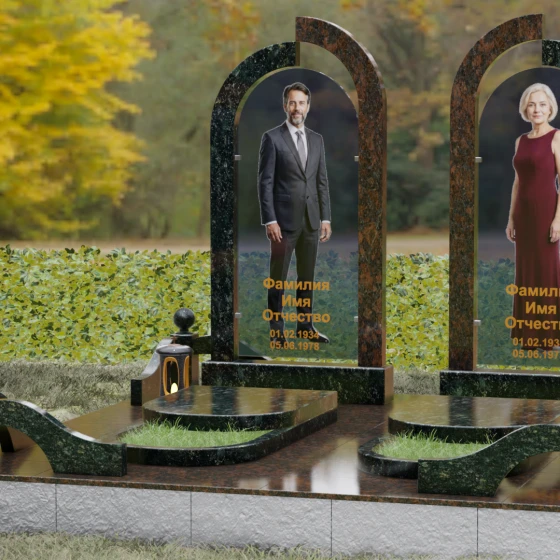 Вертикальный Светский памятник со стеклом для двоих во Владивостоке, гранит Балтик грин, вид 4