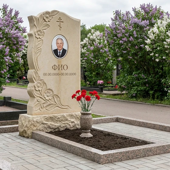 Памятник из светлого известняка с арочным верхом с цветами