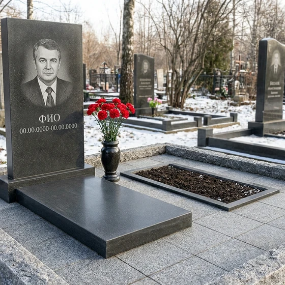 Памятник из тёмного базальта вертикальный лаконичного дизайна