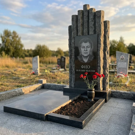 Памятник из тёмного базальта в форме скалы