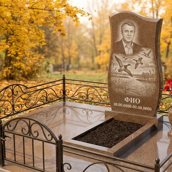 Гранитный памятник охотнику арочной формы с лесной чащей