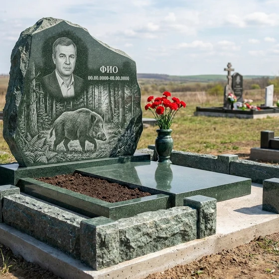 Гранитный памятник охотнику с фактурой скалы с лесной чащей