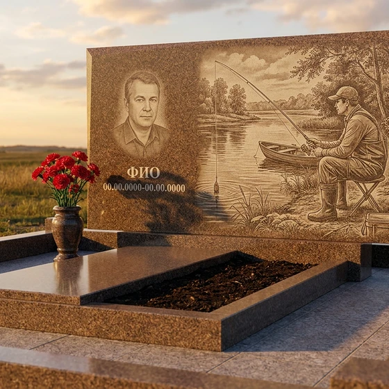 Гранитный памятник рыбаку с арочным верхом со щукой