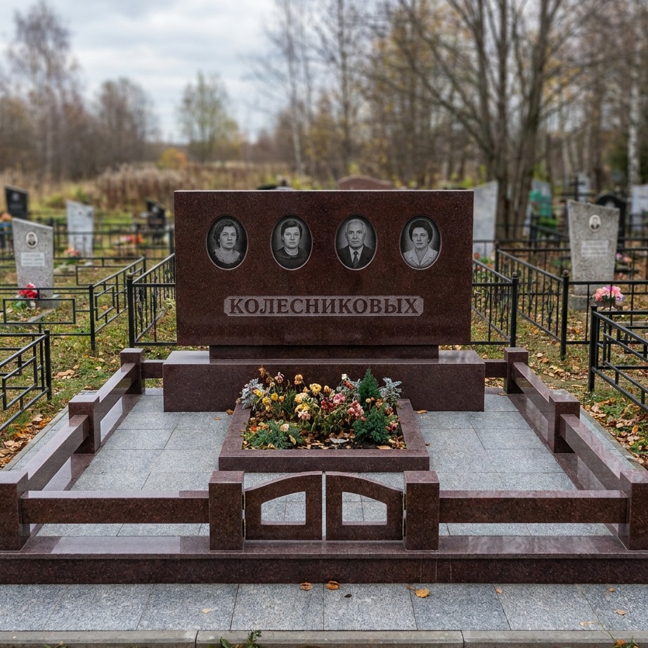 Пример дизайна: Семейный памятник на четверых из красного гранита — фото и цена