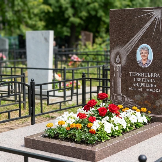 Памятник с горящей свечой из дымовского гранита с лучом света
