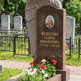 Памятник с крылом ангела из коричневого гранита Дымовский с портретом