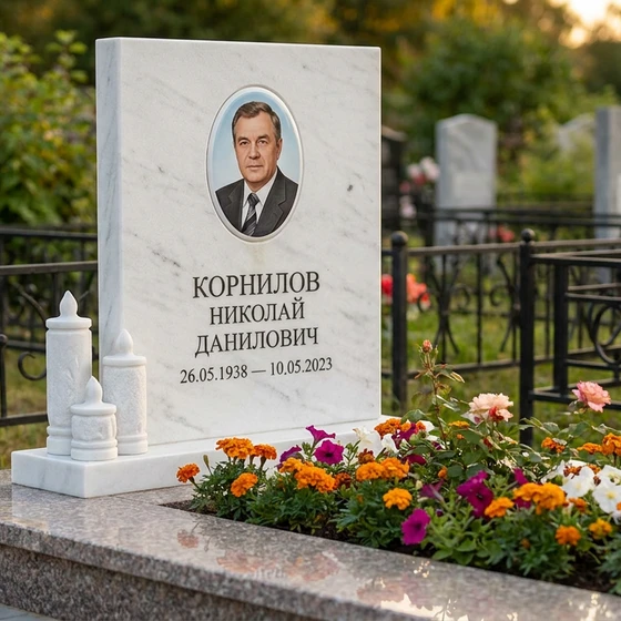 Мраморный памятник с портретом и свечой