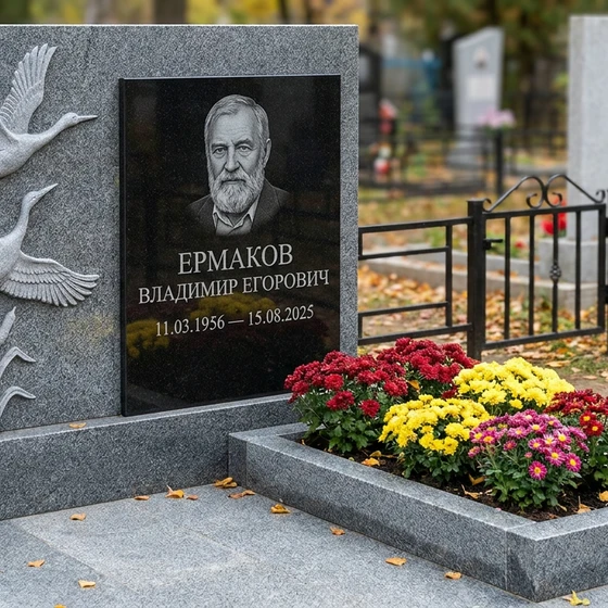 Памятник с журавлиным клином из серого гранита Мансуровский