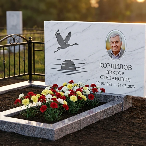 Памятник с журавлями из белого мрамора с портретом
