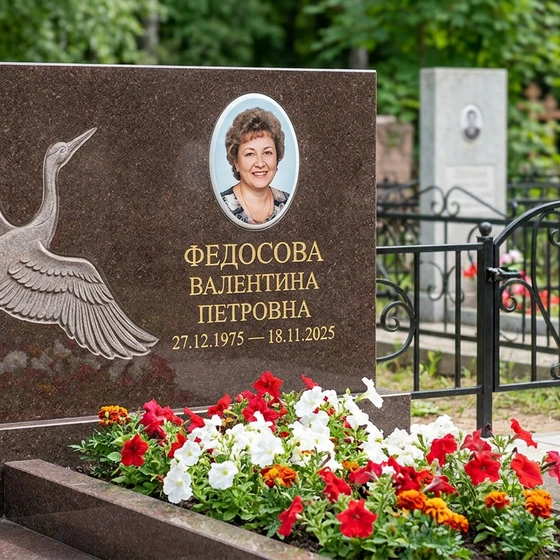 Памятник с журавлиным клином из дымовского гранита с портретом