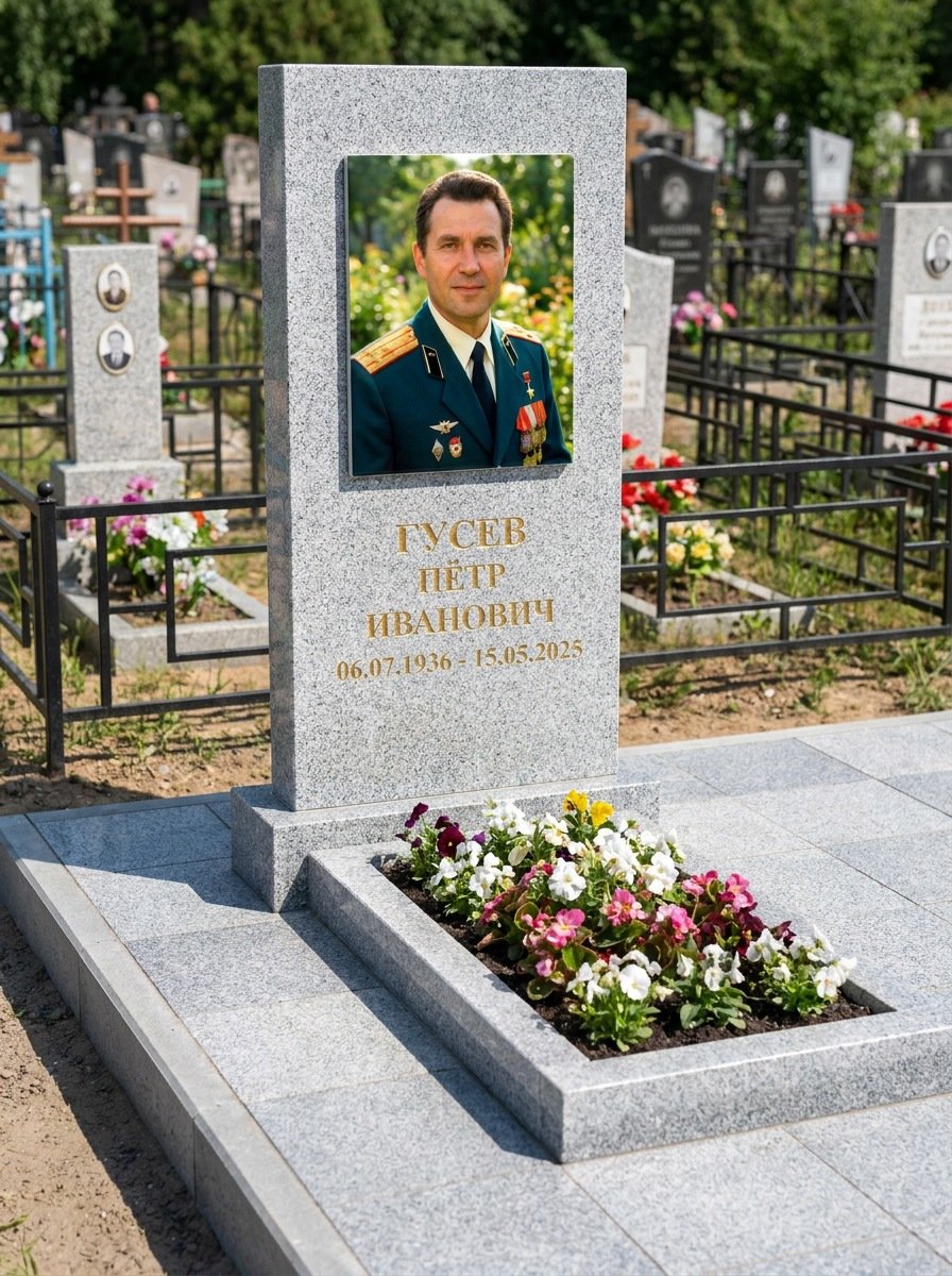 Портрет на памятнике в Ставрополе — Прямоугольник на гранитной стеле, ФИО и даты на портрете